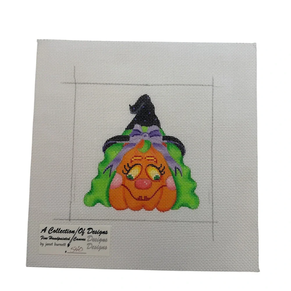 Halloween Pumpkin Witch Hand Painted Needlepoint Canvas Janet Burnett Vintage